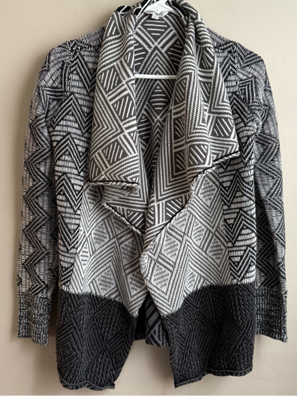 Lucky Brand Open Front Draped Cardigan Black White Geometric Knit Size Sm Boho